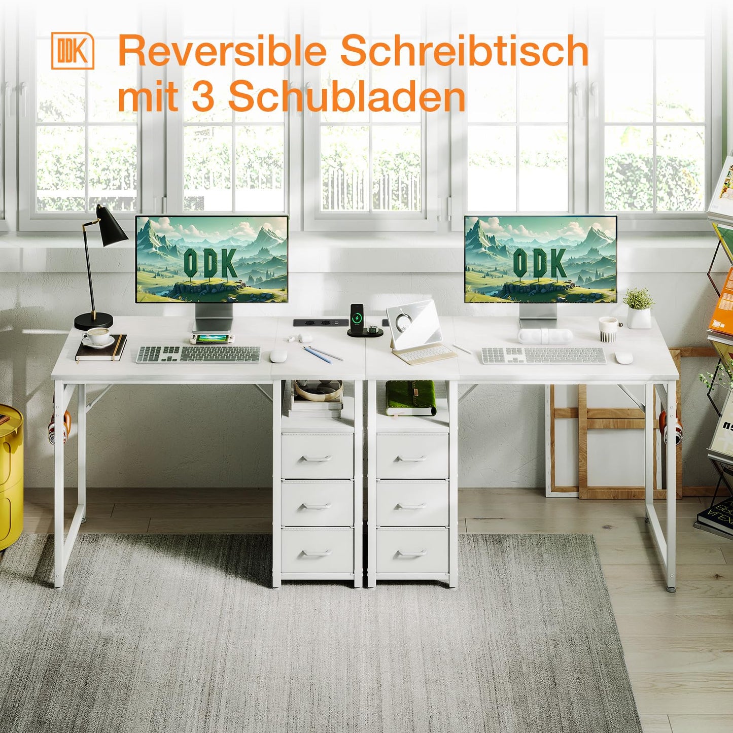 ODK Kleiner Schreibtisch mit 3 Schubladen aus Stoff, Computertisch mit 2 Steckdosen und USB-Anschlüssen, Umkehrbarer PC-Schreibtisch Bürotisch für kleines Home Office(Weiß, 100x48x75,5 cm)