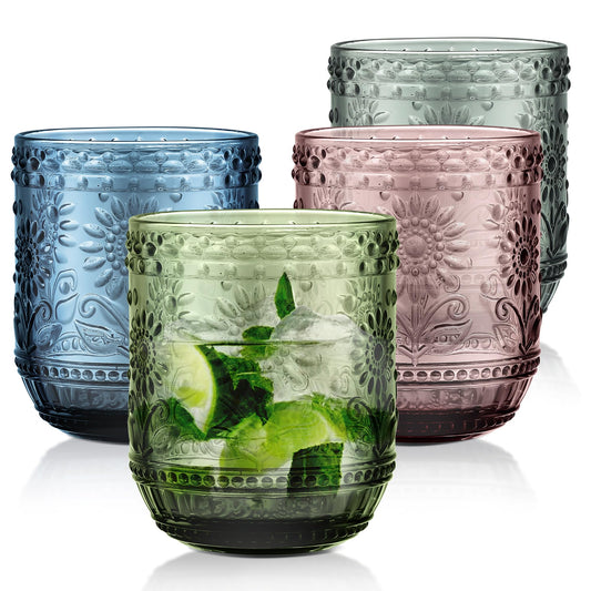 Joeyan Trinkgläser Set Bunte, 4 teiliges 360 ml Hochwertige Gläser Set für 4 Personen, Farbig Wassergläser Spülmaschinenfest, Saftgläser, Modernes Blume Embossed Design für Picknicks, Camping, Partys