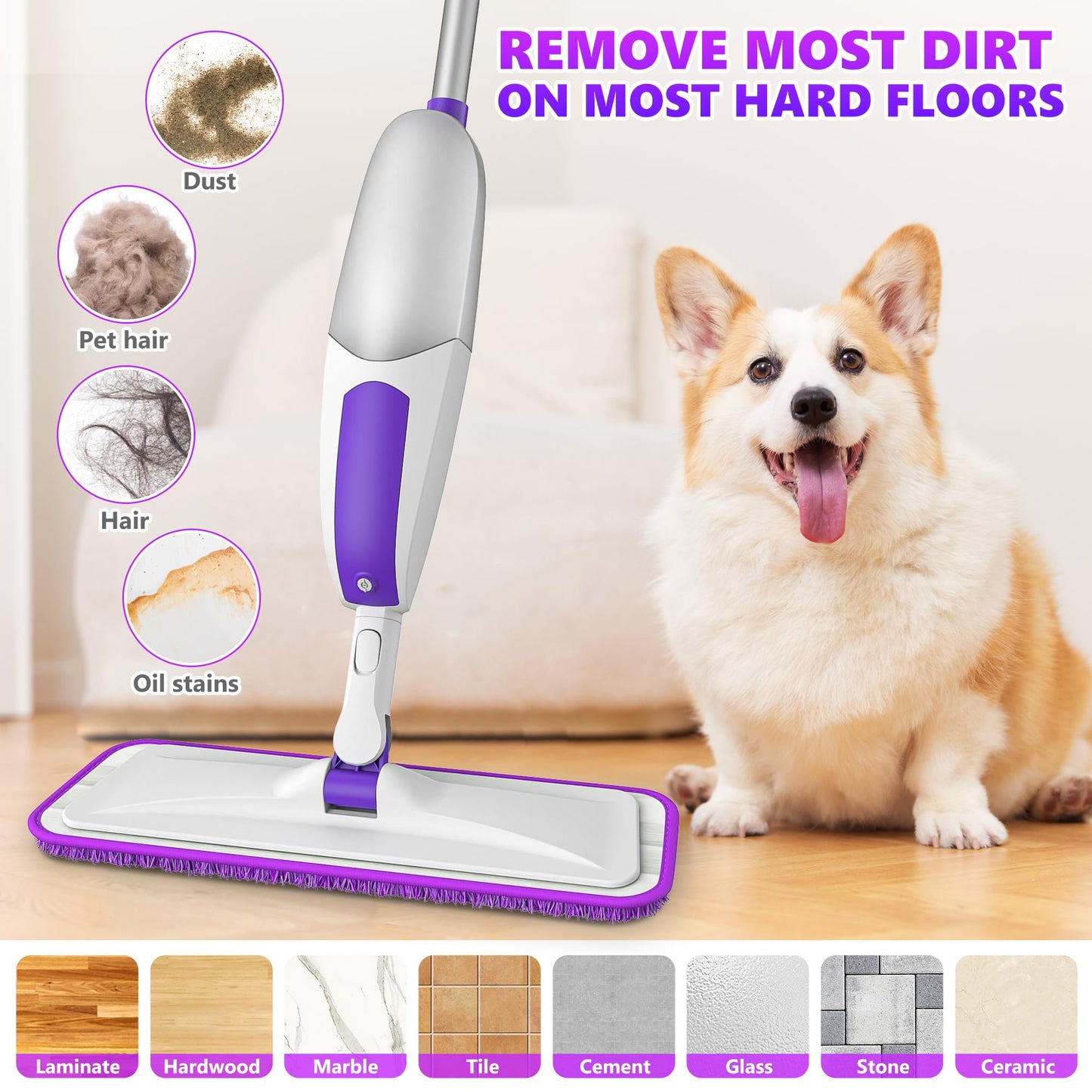 Wischer mit Sprühfunktion Sprühwischer - SEVENMAX Wischmopp Bodenwischer mit Sprühfunktion und 3 Mikrofaser Bezug 550ML Wassertank Spray Mop für Fliesen Laminat Parkett Holzböden Schnelle Reinigung