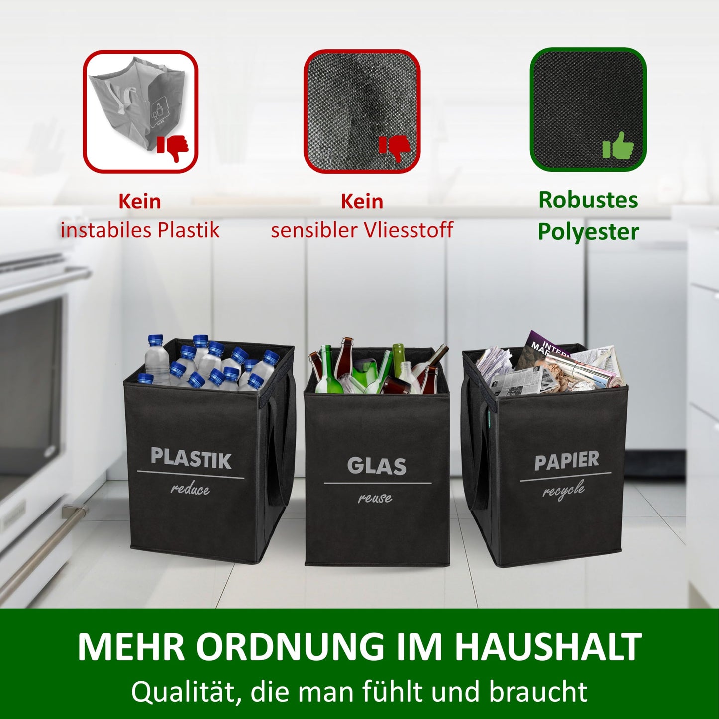 COTTARA® Mülltrennsystem 3fach faltbar mit 5fach Stabilisierung| Recycling Behälter aus robustem Material | Perfekt als Mülltrenner, Pfandflaschen Aufbewahrung, Recycling-System | Schwarz