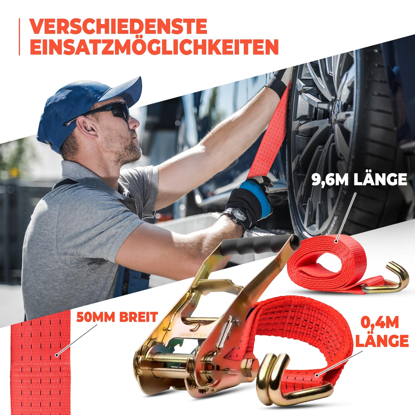 2 Stück Spanngurte je Länge 10m belastbar bis 5000 kg | TÜV/GS geprüft | zweiteilig | Breite 50mm | nach DIN EN 12195-2 | LKW | Ladungssicherung