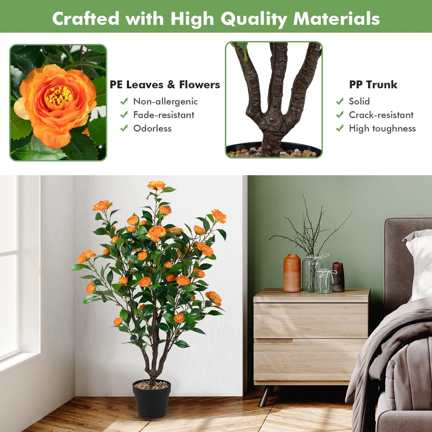 COSTWAY 100 cm Kunstbaum mit Blüten, Künstlicher Kamelienbaum, Kunstpflanze im Topf, Kamelienpflanze mit 37 Blüten und natürlicher Stamm, Kunstblume für Zuhause Büro, Zimmerpflanze Dekopflanze