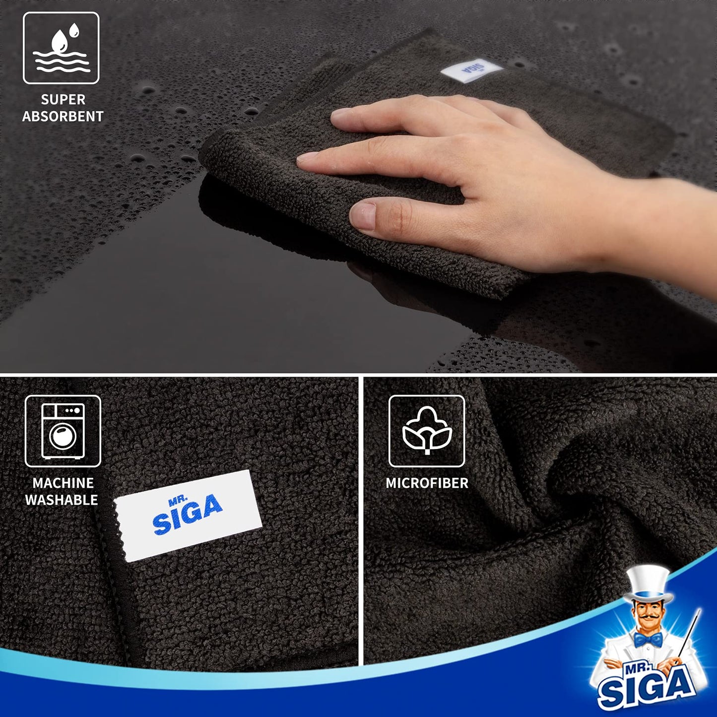 MR.SIGA Reinigungstücher Mikrofaser Lappen Putztücher Fenster Tücher Mikrofasertücher Geschirrtücher, 12er Set, Schwarz