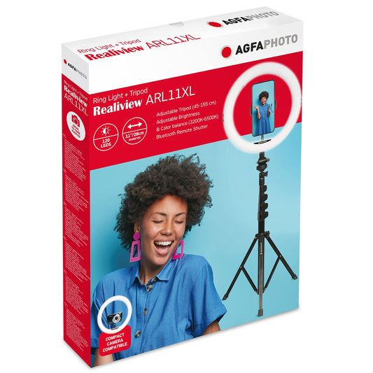 AgfaPhoto Ringlicht Realiview ARL11XL - 11'' LED-Beleuchtung mit verstellbarem Stativ (45cm bis 155cm) - Das Ringlicht für Videos, Fotos, kompatibel mit Smartphones und Kompaktkameras