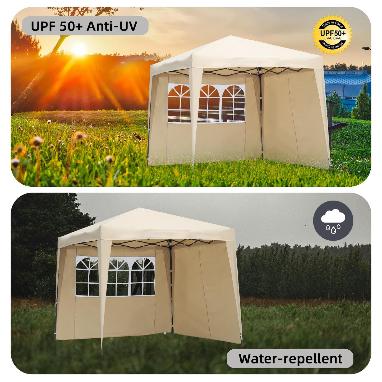 Angel Living 2.5 x 2.5M Faltbarer Pop up Pavillon Outdoor,Faltpavillon Gartenzelt Partyzelt,UV-Schutz 50+,2 Seitenwänden mit Reißverschlüssen für Außen, Garten, Camping Beige