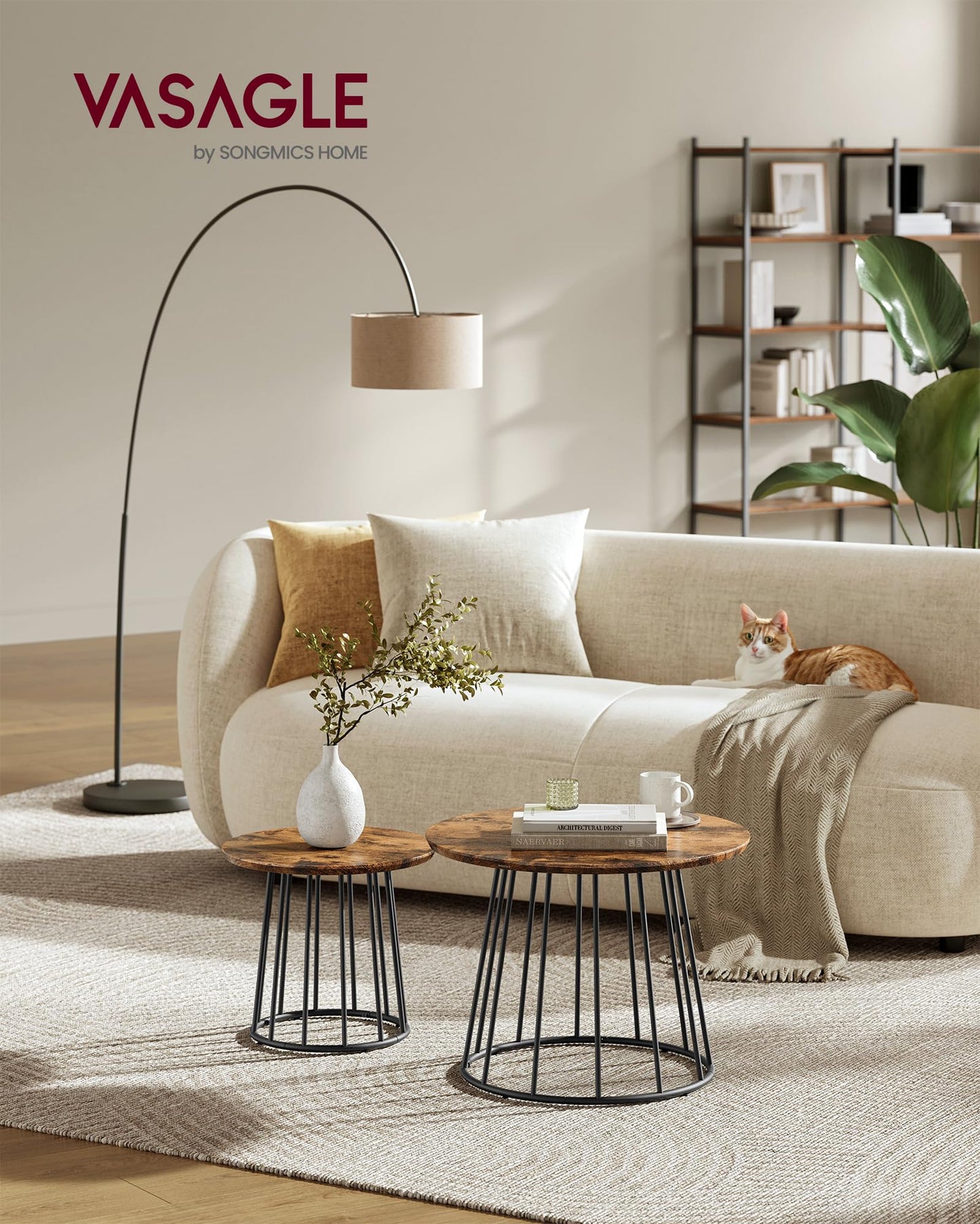 VASAGLE Couchtisch rund, 2er Set, modern, runder Beistelltisch, mit Stahlgestell, für Wohnzimmer, Schlafzimmer, vintagebraun LCT045K01