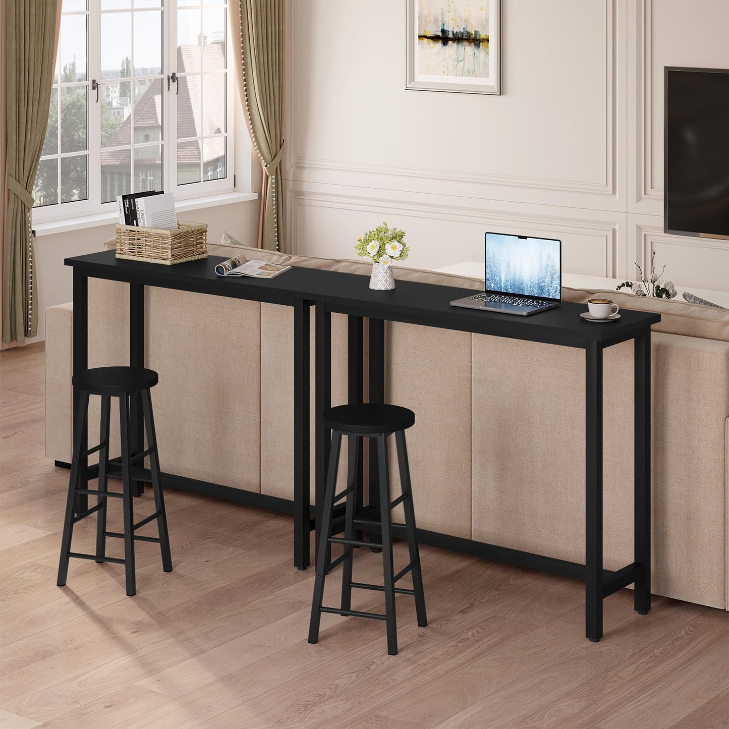 WOLTU 1x Bartisch Bistrotisch Stehtisch Esstisch, Metallgestell, Tischplatte aus MDF, Schwarz, 120x40x100cm(BxTxH)