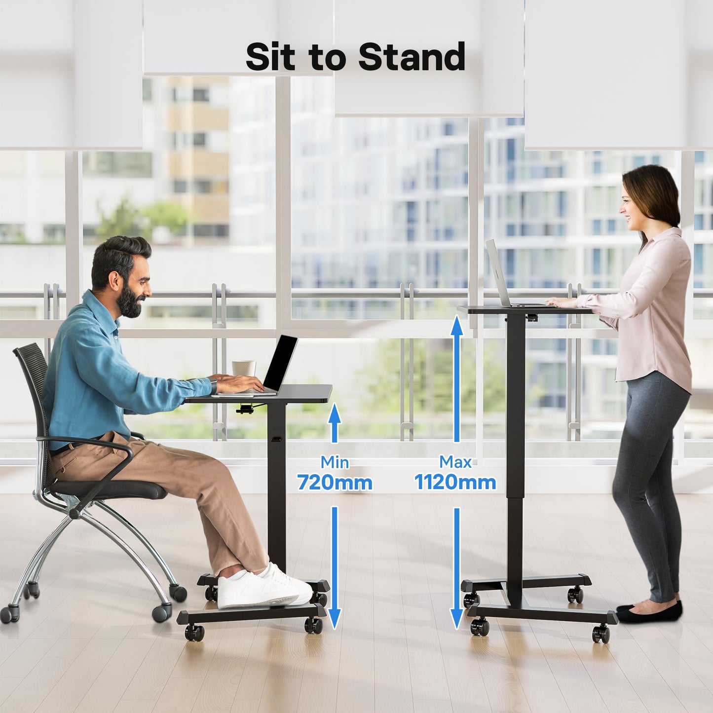 BONTEC 65×45cm Stehpult Höhenverstellbarer Schreibtisch/Mobiler Stehtisch mit 4 Rollen, Steh-Sitz Schreibtisch mit Rädern, Überbett-Tisch für Wohnzimmer, Max 15KG,Schwarz