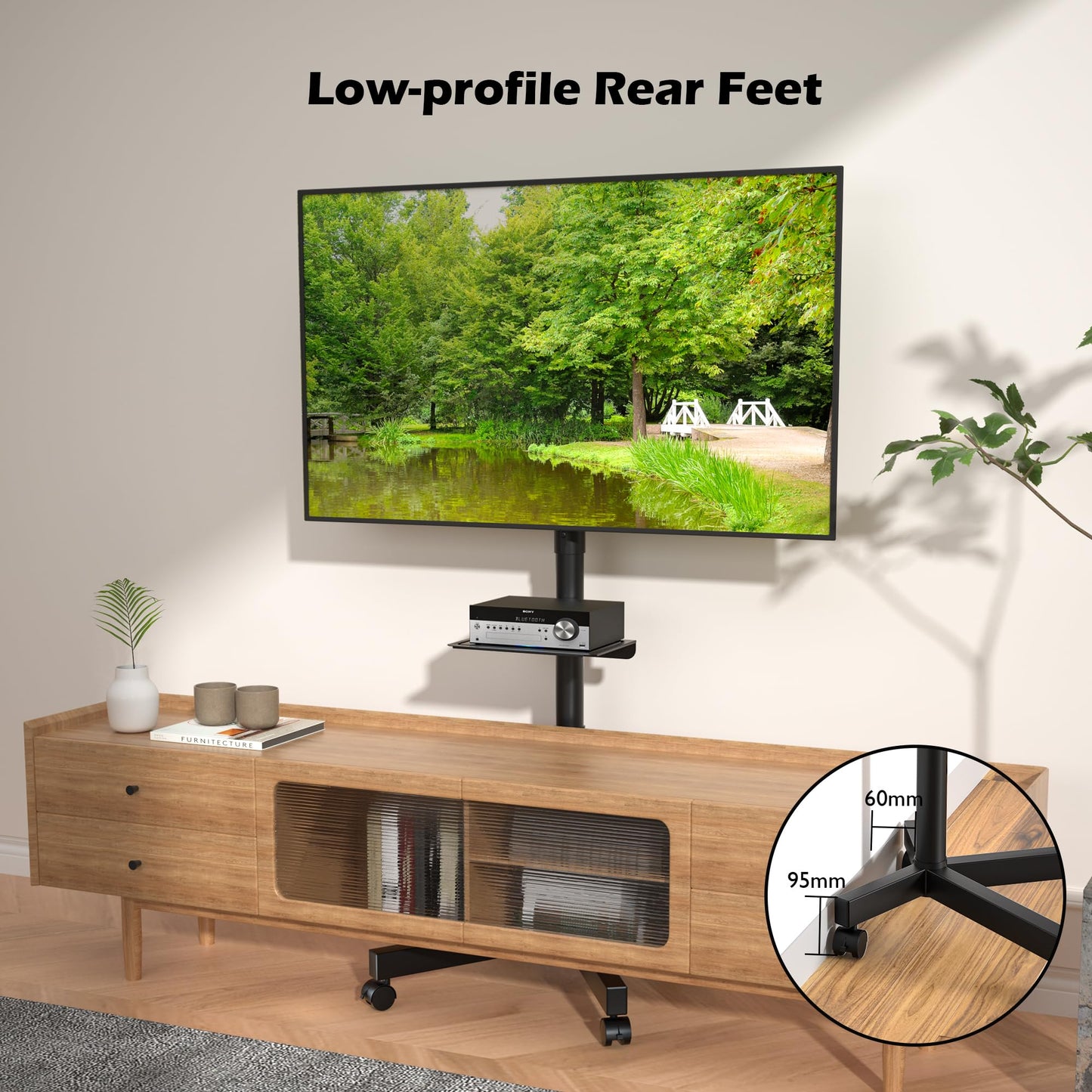BONTEC TV Ständer auf Rollen, Neigbar, Höhenverstellbarer Rollbarer TV Ständer Rollbar mit Medienablage für 23–60 Zoll LED, LCD, OLED-Flach- und Gebogene Fernseher, hält bis zu 25 kg