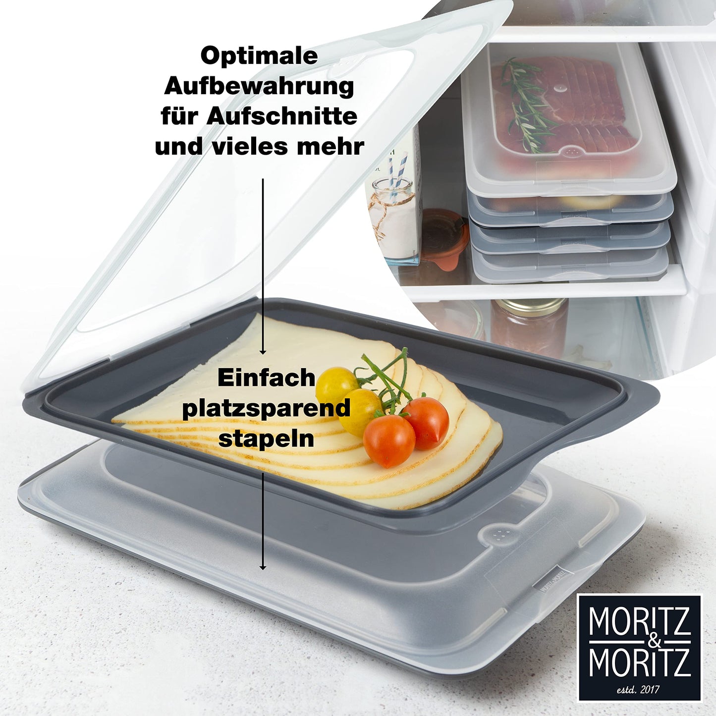 Moritz & Moritz 4er Set Aufschnittbox stapelbar – Frischhaltedosen mit Deckel zur Aufbewahrung von Wurst, Käse, uvm. – inkl. Tafelsticker zum Beschriften