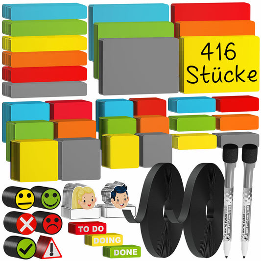 ATWAM - 416 Beschreibbare Magnete & Zubehör MEGA Set - Scrum & Kanban - Magnetstreifen Beschreibbar - Für Whiteboard, Magnettafel, Magnetwand & Kühlschrank