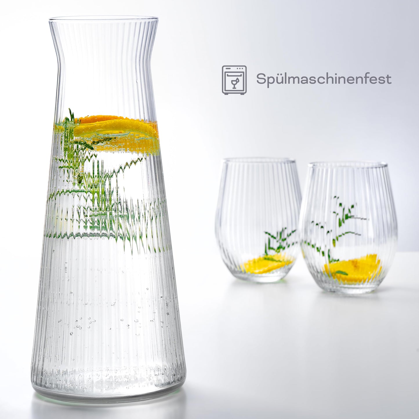 KONZEPT Wasserkaraffe 2er Set, Glaskaraffe 1 liter, geriffelte, Wasser Karaffe Glas ohne Deckel