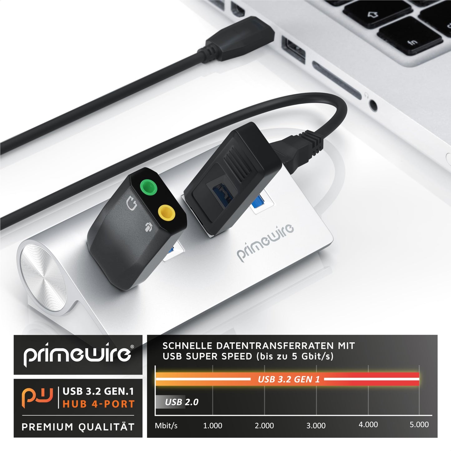CSL - aktiver USB Hub mit Netzteil - USB 3.2 gen1 4 Port Verteiler - kompatibel mit PC Notebook iMac Mac Pro MacBook Air, Pro, Mini Tablet PS4 - Powered USB - inkl. Netzteil