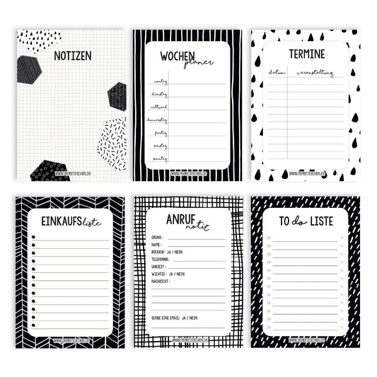 Papierdrachen 6 Notizblöcke für Termine, Wochenplaner, to do Liste, Einkaufslisten und mehr - Tagesplaner und Wochenplaner Schwarzweiß - Ideal für Schule, Uni und Haushalt - Notizblock - DIN A6