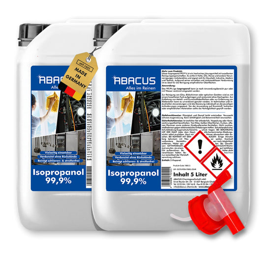 ABACUS® Isopropanol 99,9% | 2x 5L | Isopropylalkohol 99,9% | Reinigungsalkohol für Haushalt, Industrie, Elektronik & Kosmetik | Entfettet & reinigt rückstandslos | nicht leitend