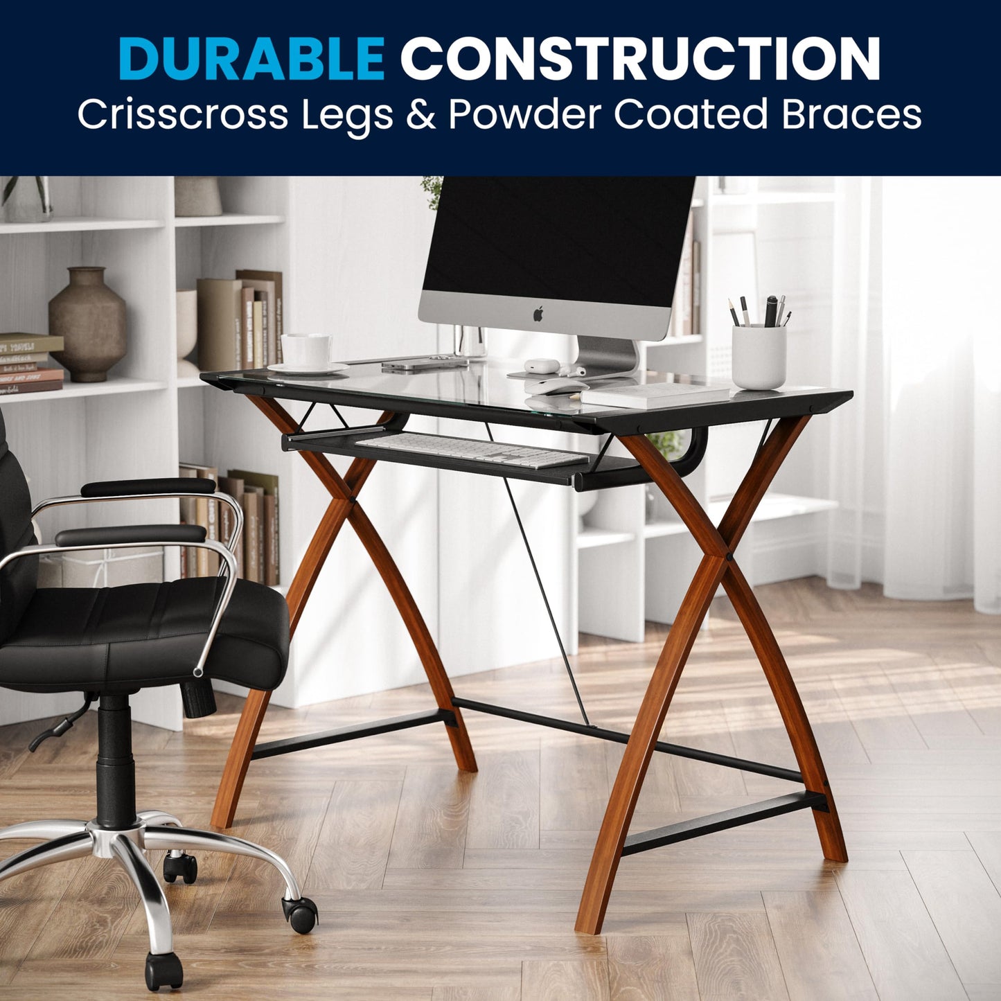 Flash Furniture Schreibtisch mit Glasplatte & Kirschholzgestell, 99×59×73 cm