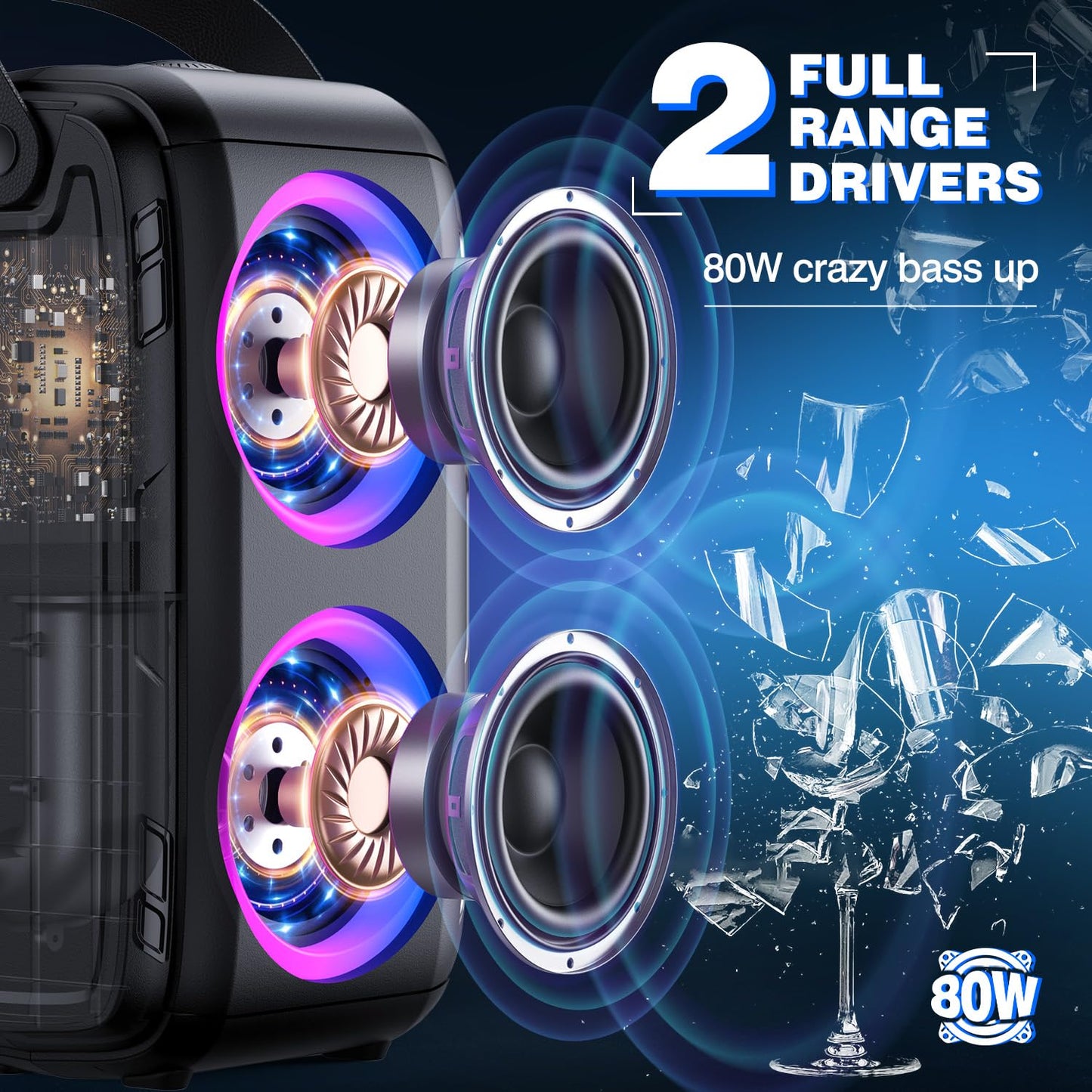 W-KING Bluetooth Lautsprecher mit 2 Vollfrequenztreiber– Superbass, Bluetooth Box Musikbox Party Lautsprecher mit 80 W und LED-Beleuchtung, 105dB-Sound, IPX5, 24 Stunden, U-Disk, TF-Karte, AUX, EQ