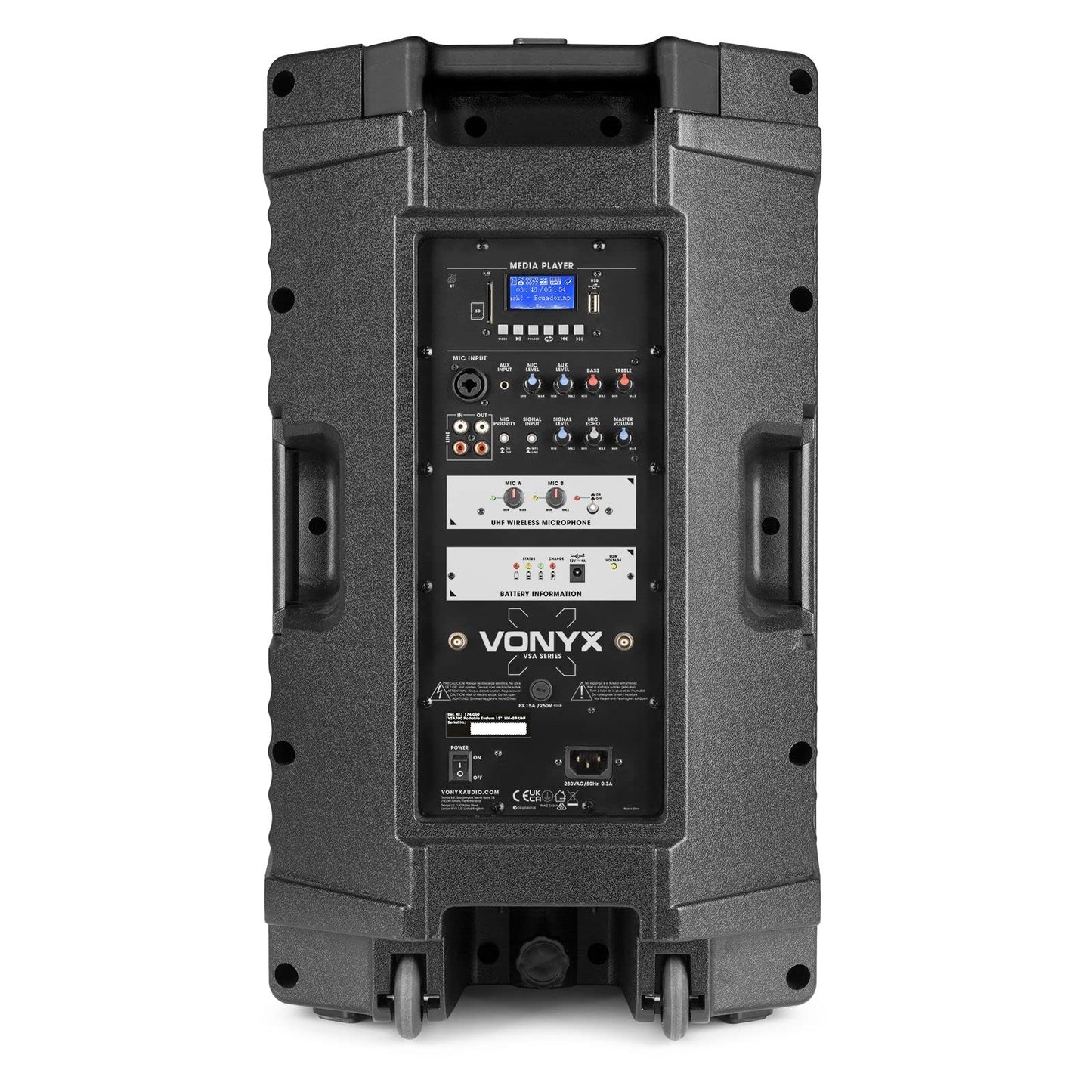 Vonyx VSA700-BP Partybox Bluetooth Lautsprecher Groß 1000W, 8 Std Akku, Mobile PA Anlage Komplettset mit 2 Kabellose Mikrofone und Fernbedienung - Mobile Musikbox Groß, USB, SD, MP3, Schwarz