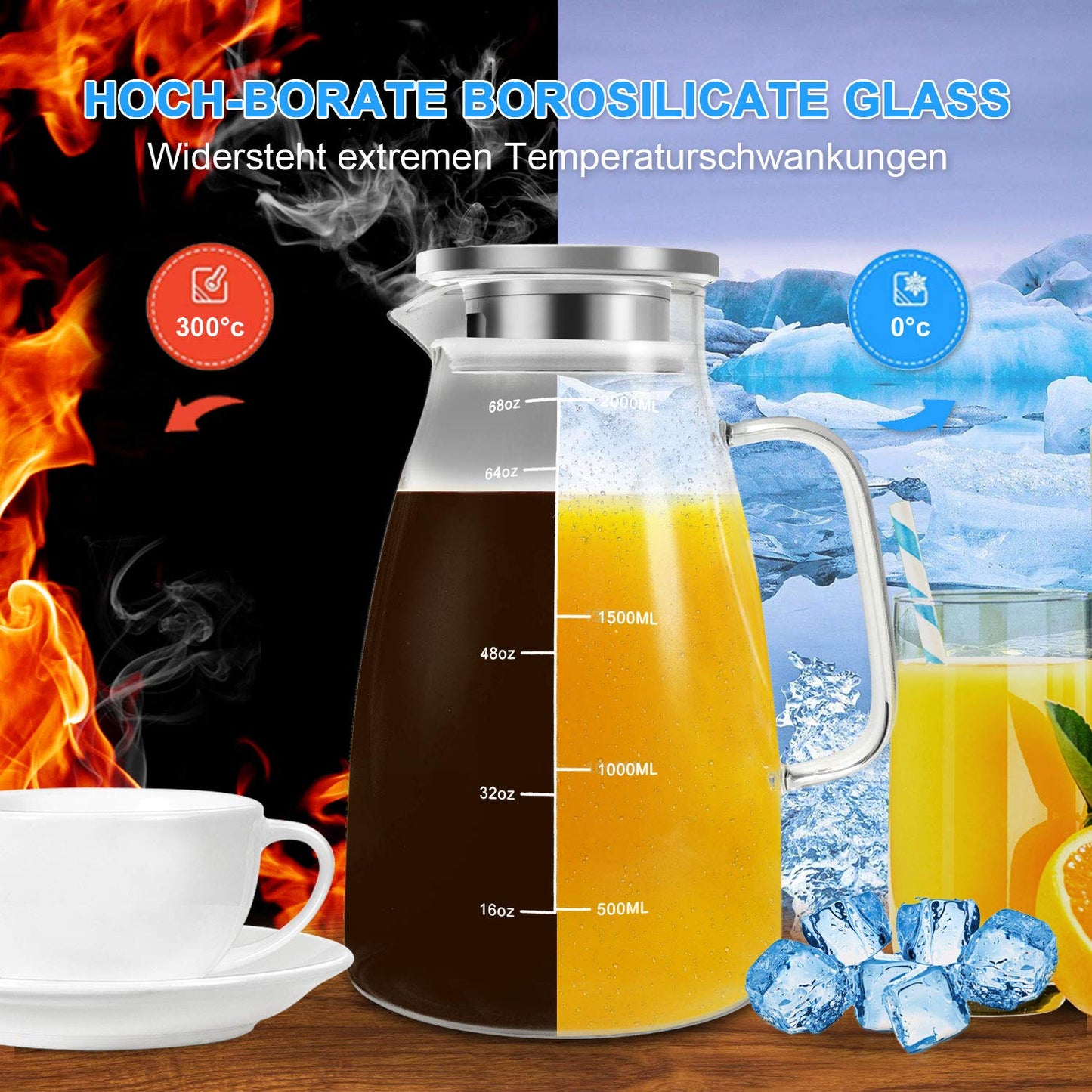 Aofmee Karaffe, Karaffe 2 Liter, Glaskaraffe, Wasserkaraffe, Karaffe Glas, Glaskaraffe mit Deckel, Wasserkrug, Glaskrug, Wasserkaraffe mit Kühlung, Eistee Krug Saft Krug, Getränkekaraffe Glaskanne