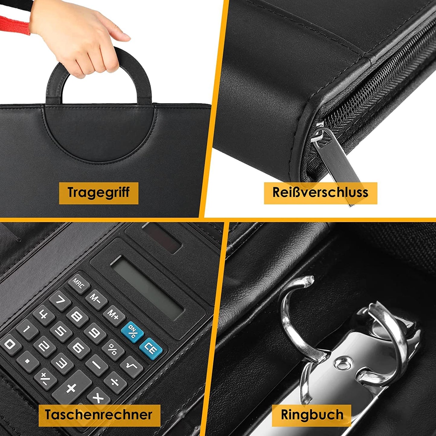 Schreibmappe A4, Konferenzmappe Leder, Dokumentenmappe mit Reißverschluss, Wasserdicht Aktenmappe mit Ringbuch Klemmbrett Notizblock, Portfolio Padfolio Mappe für Business Meeting, Schwarz