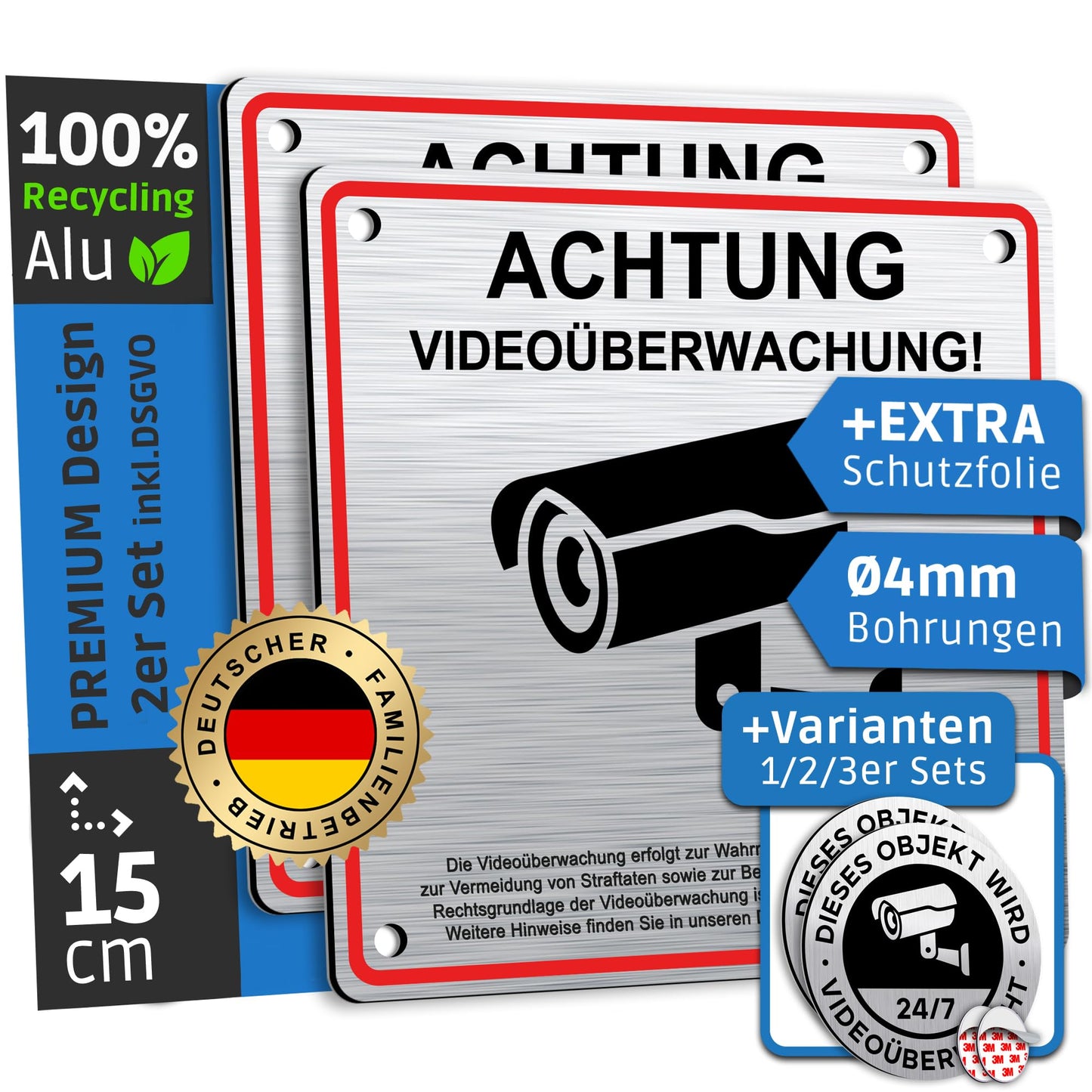 SCHILDERBOXX® 2er Set Schild Videoüberwachung DSGVO [15x15cm, 100% Alu, 4x Bohrlöcher] - Ideales Hinweisschild Videoüberwachung Aufkleber, Grundstück Videoüberwacht Schild, Kamera Überwachung Schild