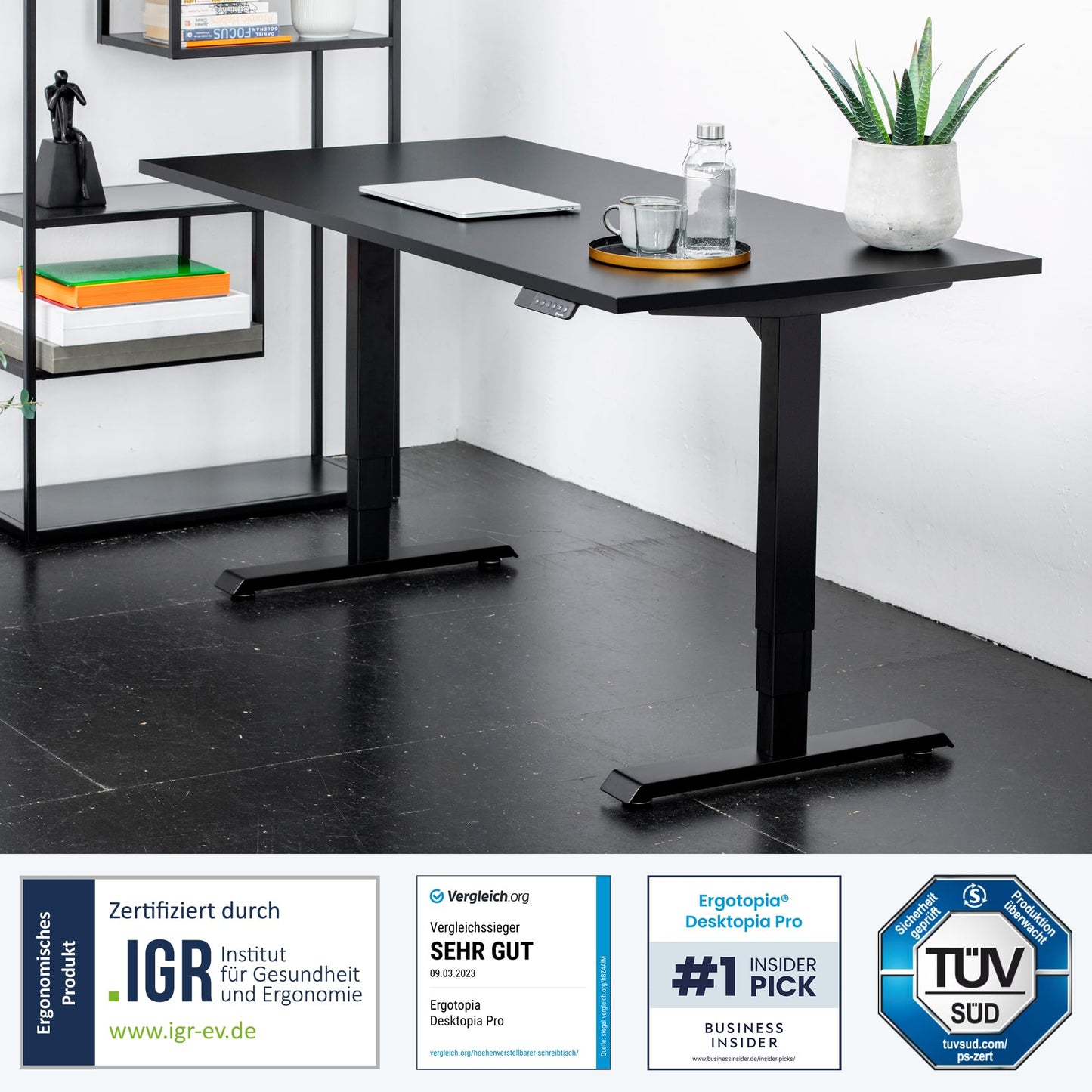 Ergotopia Desktopia Pro X Elektrisch höhenverstellbarer Schreibtisch, Ergonomischer Stehtisch für Büro oder Home Office (Schwarz, Gestell Schwarz, 160 x 80 cm)