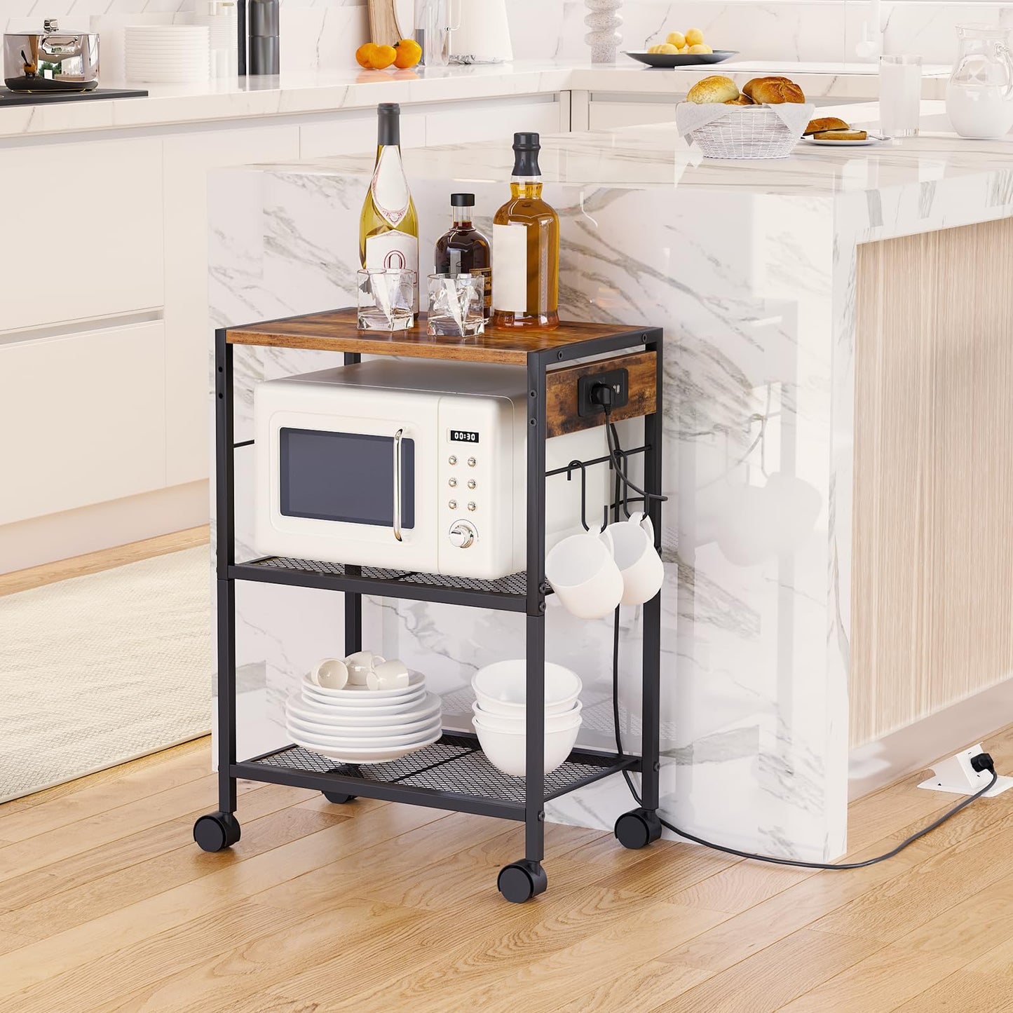 HOOBRO Druckerständer, 3-stufiger Druckerständer mit Ladestation, Lagerregal mit Rollen/verstellbaren Füßen, mit 2 Haken, für das Heimbüro, Vintagebraun und Schwarz EBF22CPS01