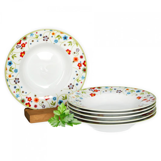 van Well Vario Suppenteller-Set 6-teilig - Teller-Service für 6 Personen - tiefe Pasta-Teller 21,5cm - Porzellan-Set weiß mit Rand in Flower-Design - Salat-Teller mikrowellengeeignet