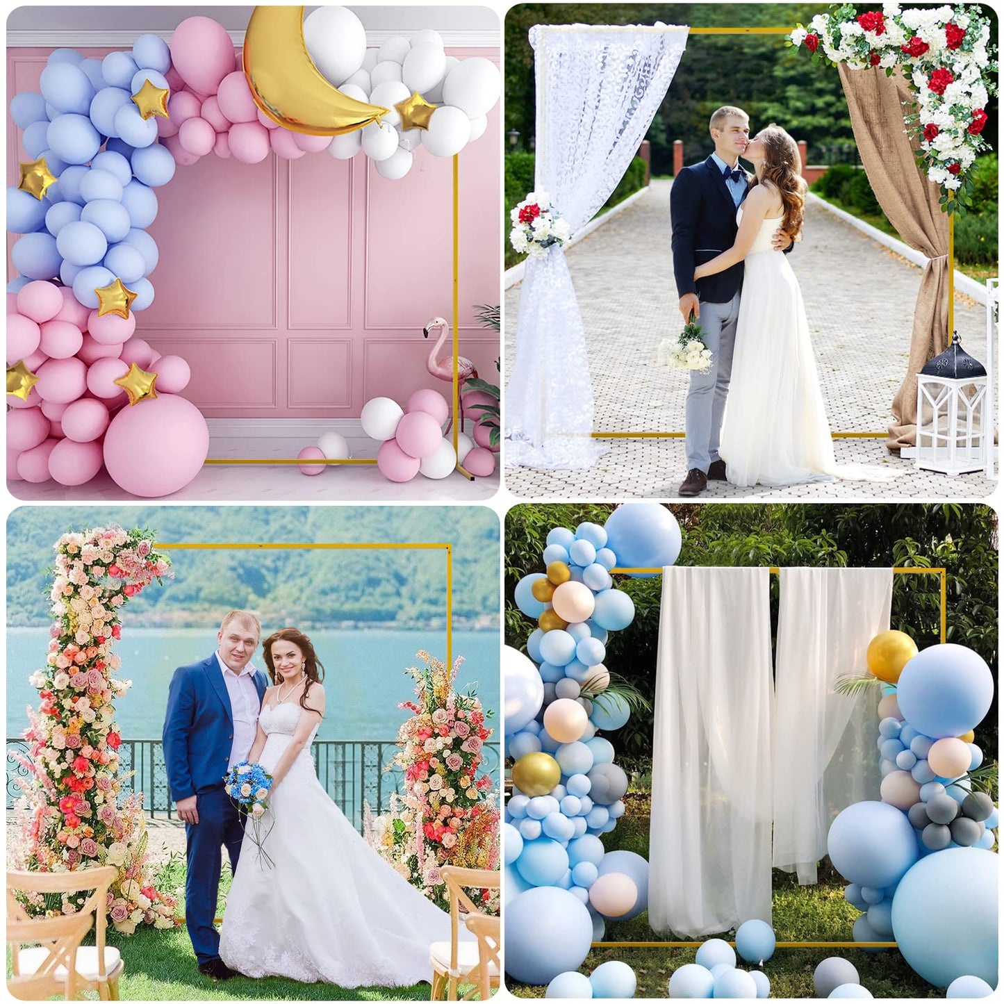Goldener Hochzeitsbogen für Zeremonie, 2M x 2M Metall-Ballonbogenständer-Set, Garten, Blumenbogen, Rahmen, Hintergrund für Jahrestag, Geburtstag, Party, Brautparty, Dekoration