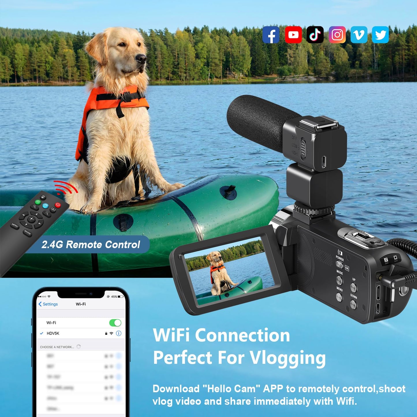 Videokamera 5K HD 64MP WiFi Camcorder für YouTube, 30FPS Webcam IR Nachtsicht Vlogging Kamera, 18X Digitalzoom 3,0 Touchscreen Video Camera mit SD-Karte, 2 Batterien, Fernbedienung, und Stabilisator