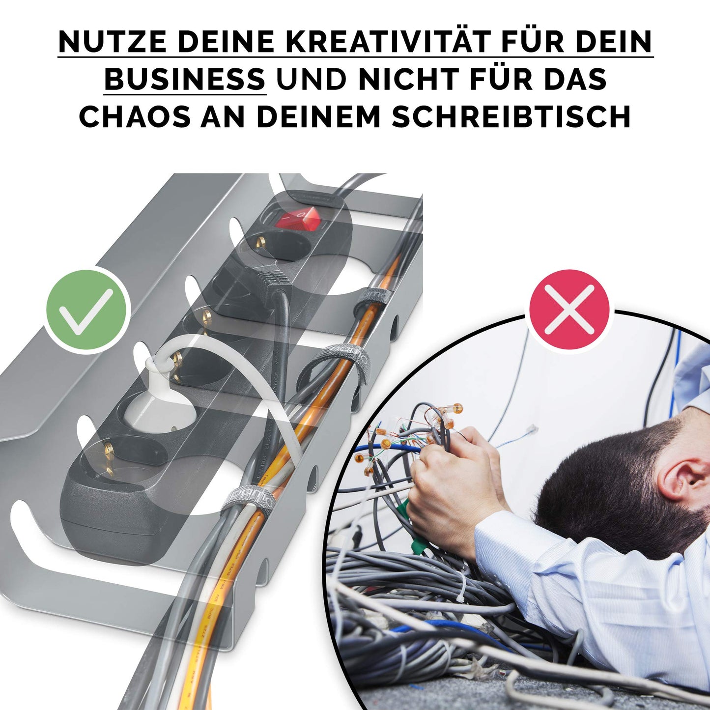 PAMO Kabelkanal Schreibtisch 3er Set zur einfachen Montage untertisch I inkl. 10x Klett Kabelbinder und Kabel-Clips I Schreibtisch Organizer für Büro/Home Office Tisch