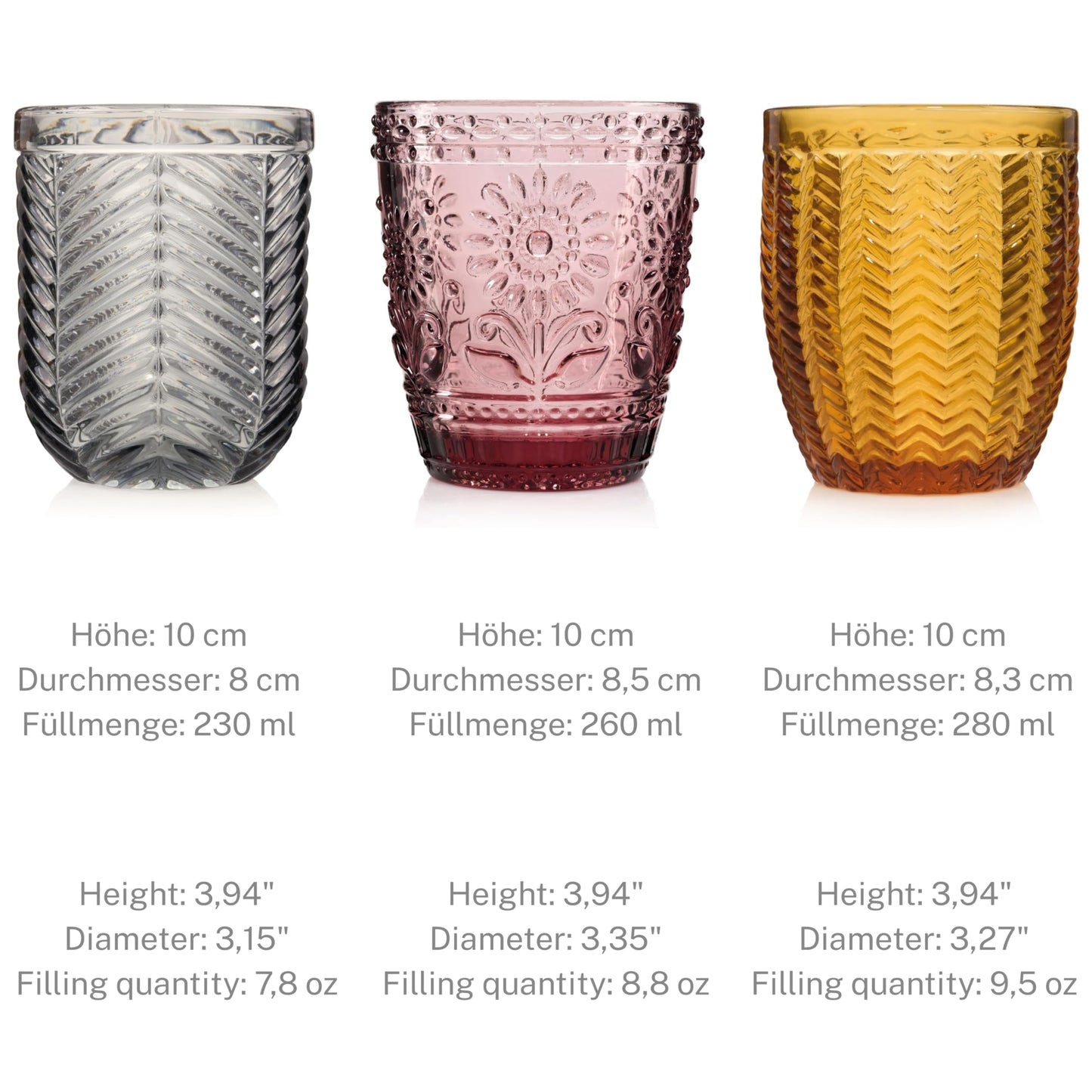 Sänger Trinkgläser Set Porto 6 teiliges Gläser Set für 6 Personen aus Glas, Wasserglas, Mehrfarbig, einzigartiger Schliff, Alltag, Familienessen, Büro, Outdoor Saftgläser Set | 310 ml