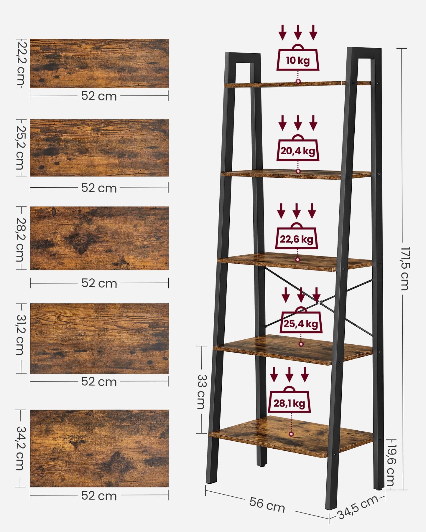 VASAGLE Standregal, Bücherregal mit 5 Ablagen, mit Metallgestell, einfache Montage, für Wohnzimmer, Schlafzimmer, Küche, 56 x 34 x 172 cm (L x B x H), vintagebraun-schwarz LLS45X