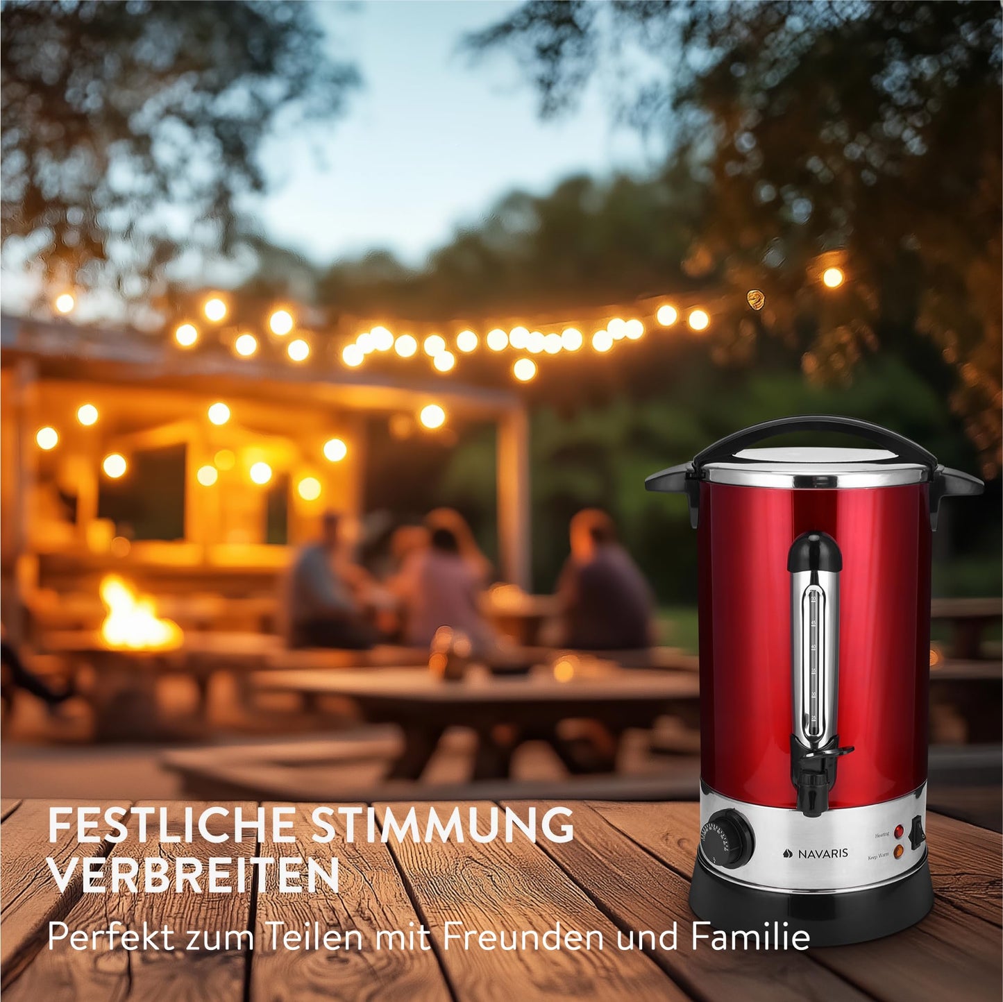 Navaris Elektrischer Glühweinkocher, Rot, 10L Edelstahl Heißwasserspender mit Thermostat, Füllstandsanzeige und Zapfhahn für Punsch und Tee