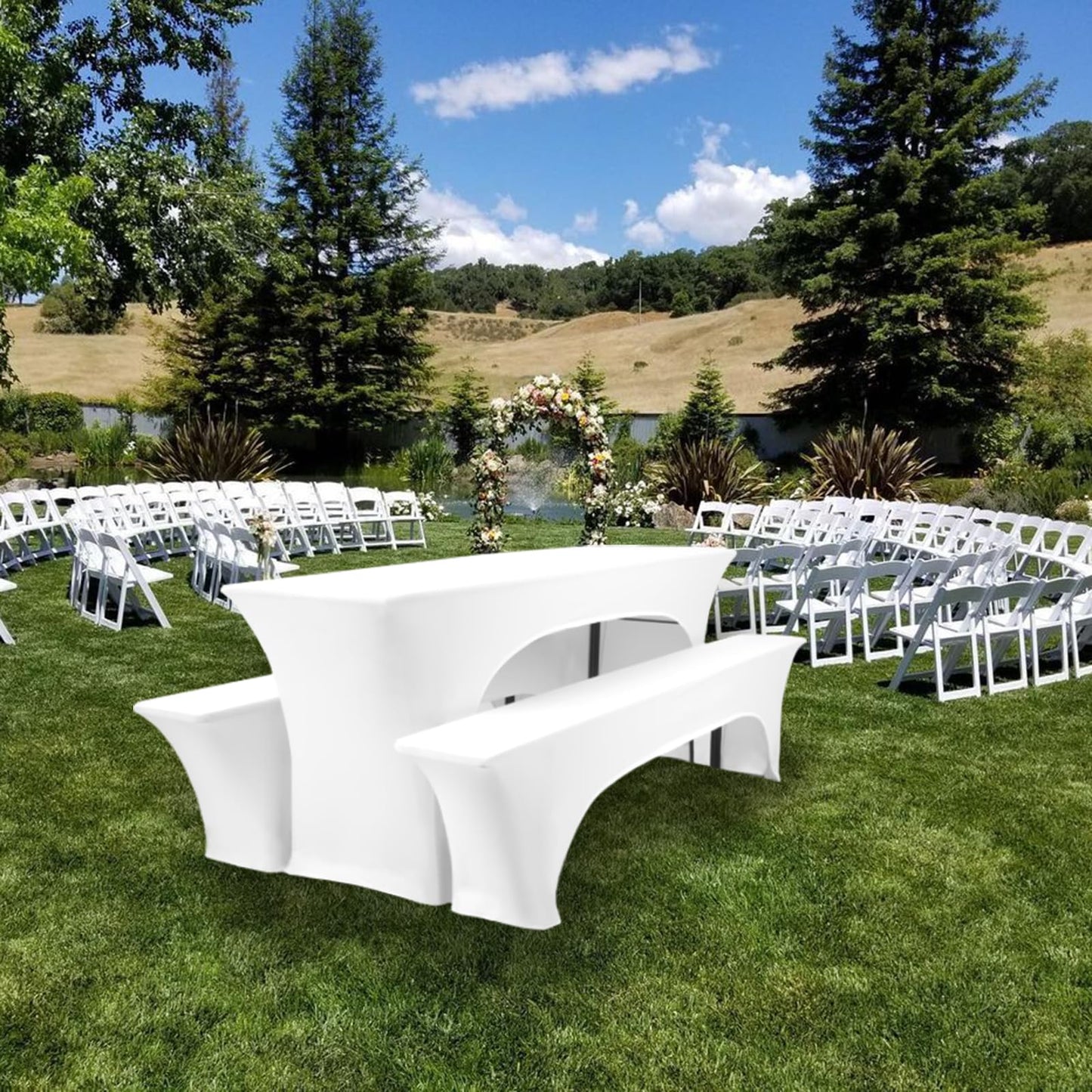 HASJOIN DREI 3er-Set Biertischhussen 220 x 50 x 70 cm, hussen bierzeltgarnitur, weiß, Stretch-Bezüge für Biertisch-und Bankgarnituren, Bierbankhussen, Spandex-Bierzeltgarnitur für Bankett