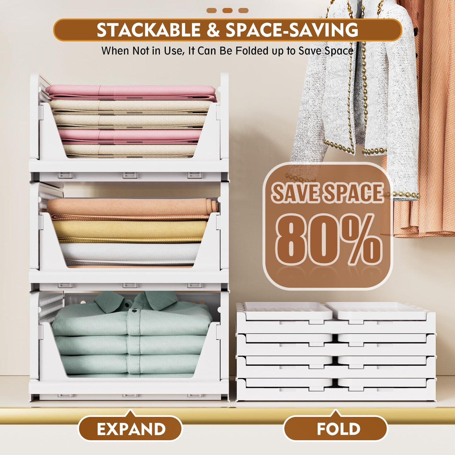SNSLXH 5 Pack Stapelbar Schrank Kleiderschrank Organizer, Multifunktionale & Faltbare Schrank Organizer für Bad Küche Kleiderschrank Lagerung, Platzsparende Schrank Schublade aufbewahrungsbox, Weiß