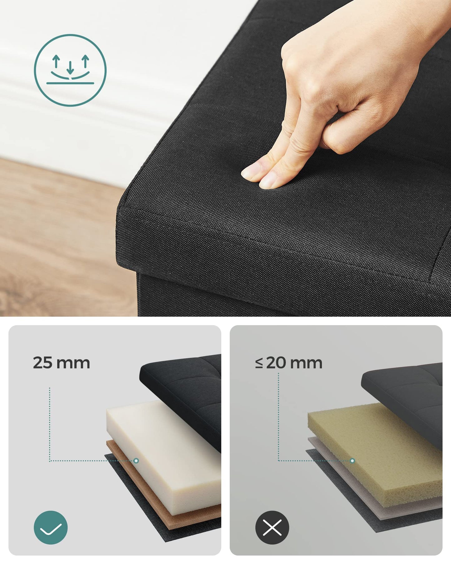 SONGMICS Sitzhocker mit Stauraum, klappbare Sitzbank, 38 x 110 x 38 cm Fußbank, Aufbewahrungsbox, bis 300 kg belastbar, für Wohnzimmer Schlafzimmer Flur, tintenschwarz LSF077B01