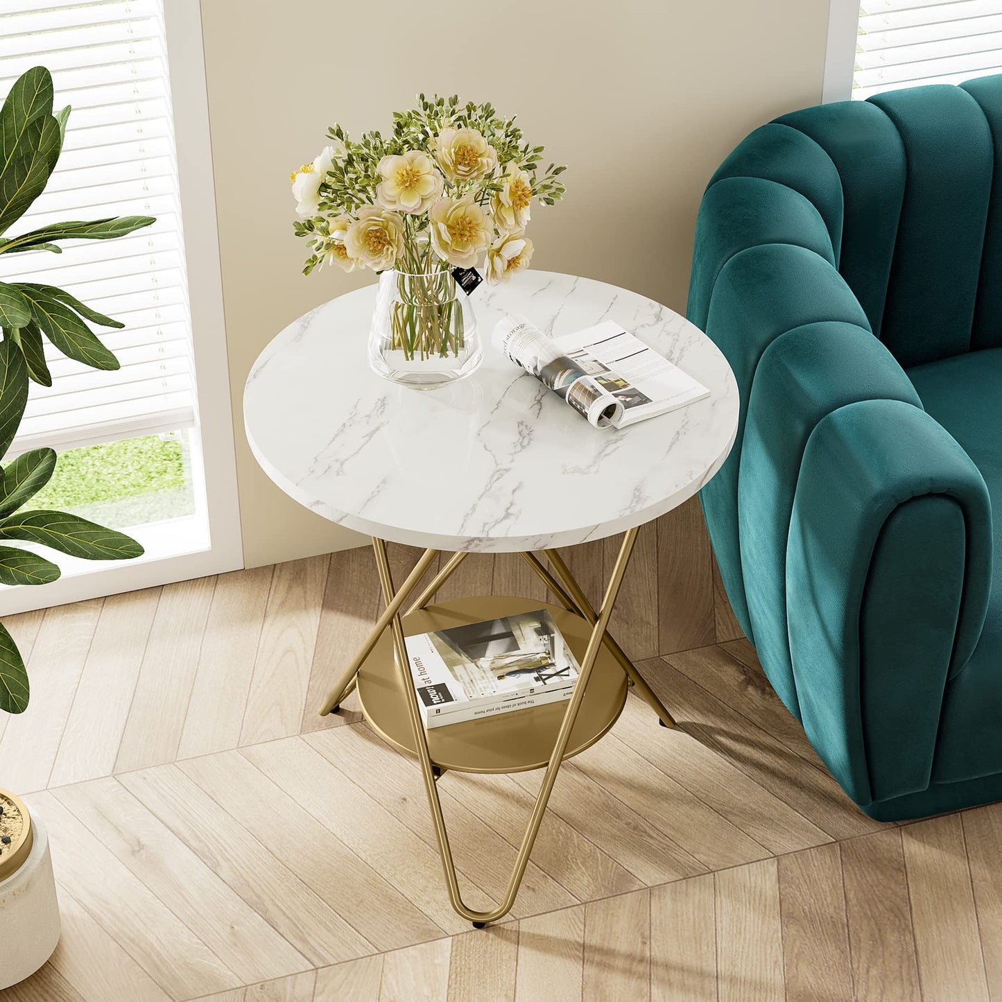 Tribesigns Faux Marmor End-Tisch, 2-stufiger runder Seitentisch, Beistelltisch mit Metalllegen, kleiner Akzent Tisch Snack Tisch für Wohnzimmer, Schlafzimmer, Balcony, Weiß und Gold (1, Weiß und Gold)