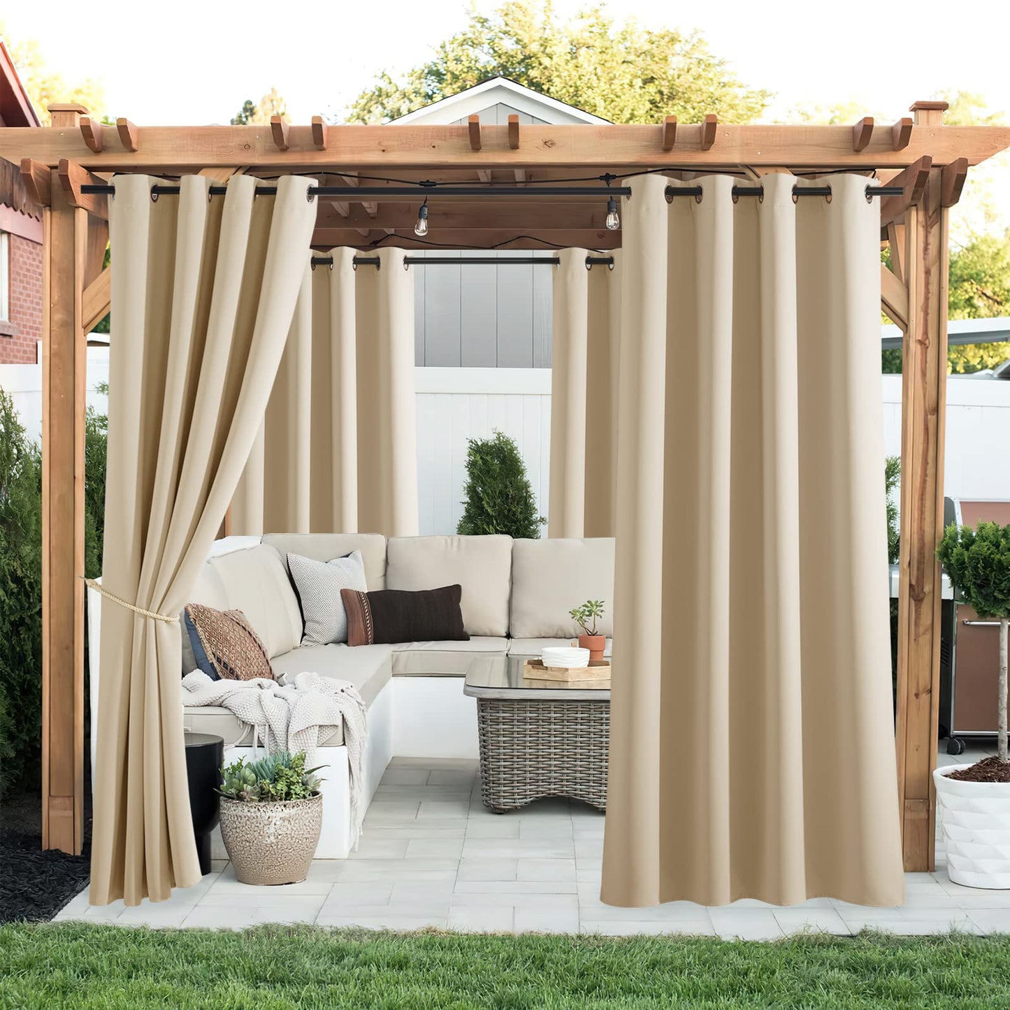 PONY DANCE 2er Set Outdoorvorhänge mit Ösen Terrasse Vorhänge Sonnenschutz & Sichtschutz Outdoor Vorhang Wetterfest Outdoor Gardinen für Pavillon/Balkon, H 213 x B 132 cm, Biscotti Beige