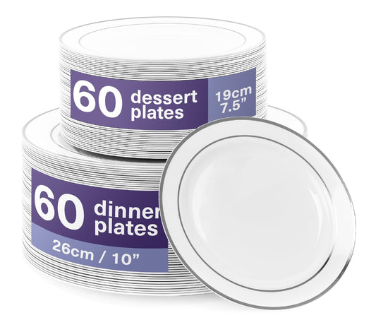 MATANA 120 Premium Weiße Plastikteller mit Silberrand, 2 Größen - Unzerbrechliche & Mehrweg Kunststoffteller, Partyteller für Hochzeiten, Geburtstage, Partys - Elegantes & Stabiles Partygeschirr