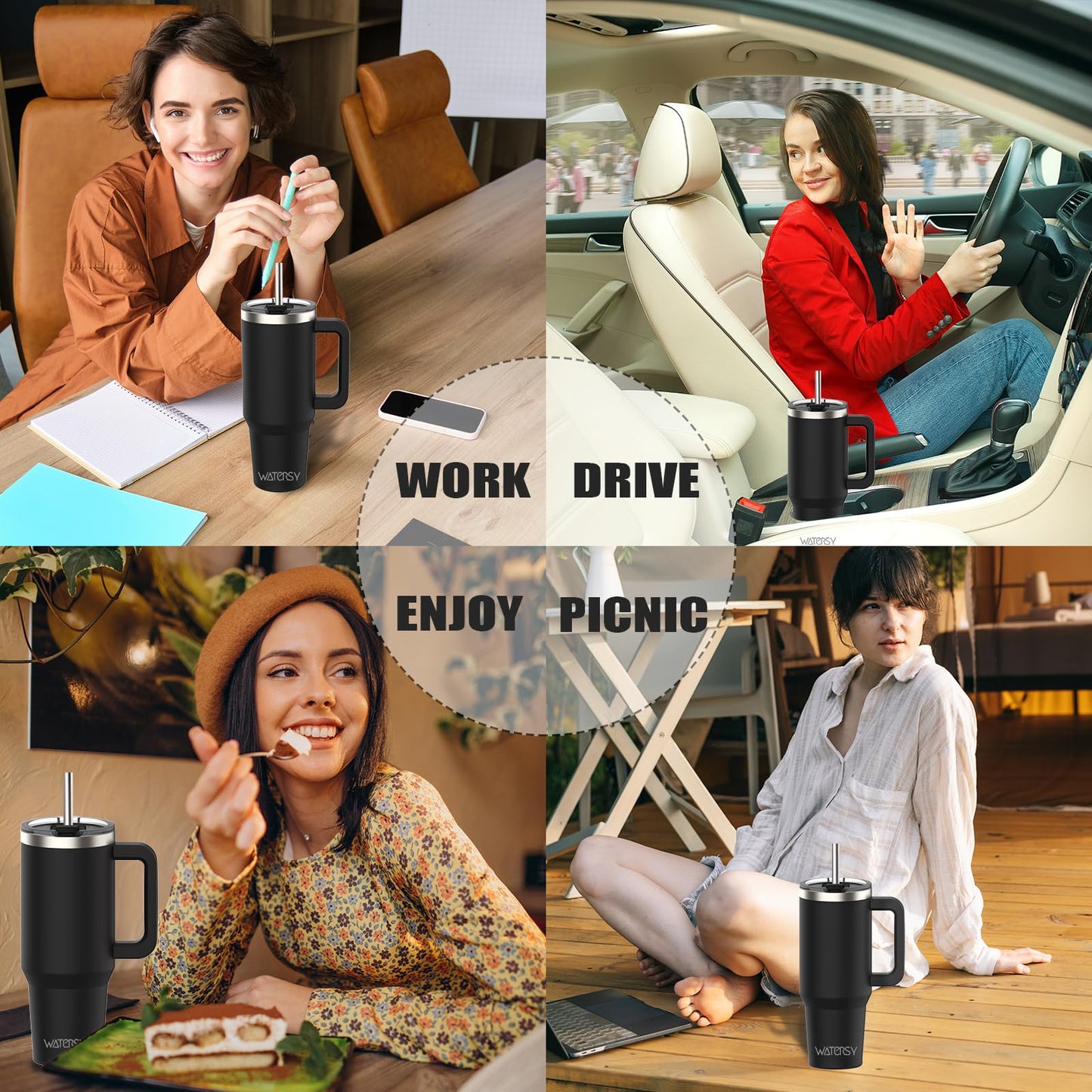 WATERSY 40oz Kaffeebecher to Go Thermobecher Doppelwandiger Edelstahl Vakuum Auslaufsicher Trinkbecher mit Griff und Strohhalm Thermo Tumbler Schwarz