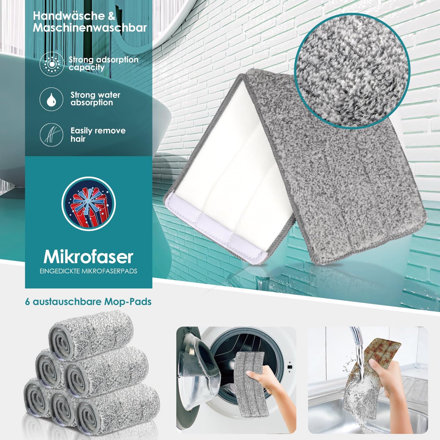 Myiosus Wischmopp Set mit Eimer, Bodenwischer, Flach Wischer Boden mit 140 cm Edelstahlgriff, 2 in 1 Putzeimer mit Wischmop, 360° Drehung, Mikrofaser Wischer mit Auswringfunktion für Alle Böden-6 Pads