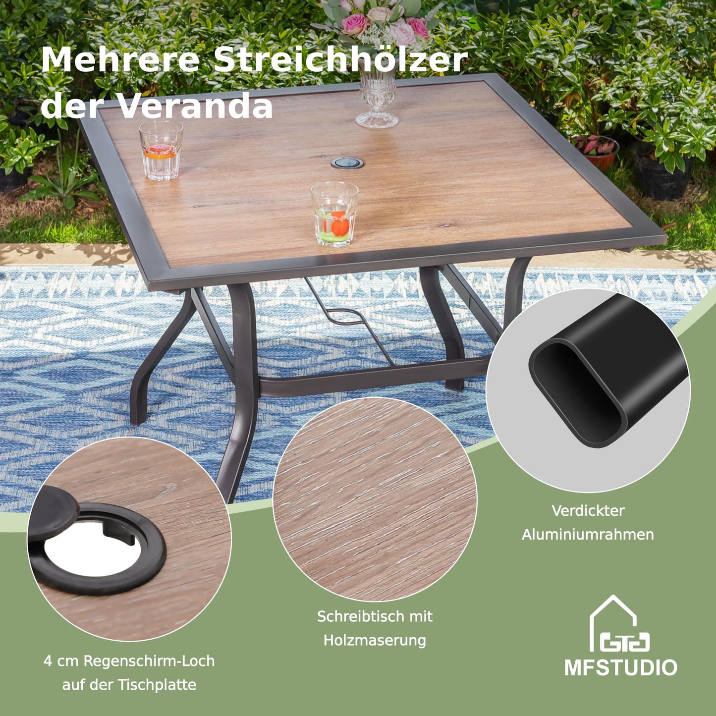 MFSTUDIO Polyrattan Gartenmöbel Set, 94cm Quadratische Tisch mit 4cm Schirmloch und 4 Rattan Klappstuhl, Balkonmöbel Set，Gartentisch mit Stühlen Set für Terrasse, Balkon, Bistro, Garten