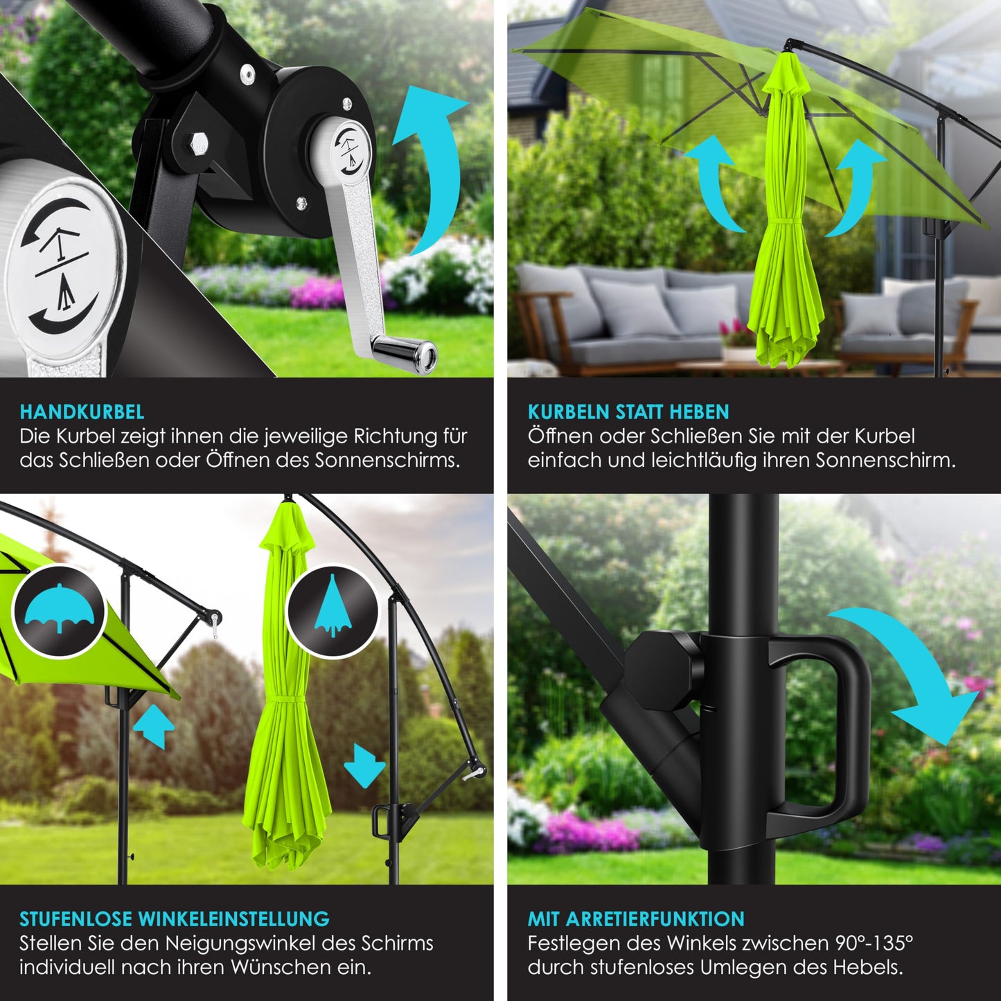 KESSER® Alu Ampelschirm Sonnenschirm + Abdeckung Ø350 cm & Kurbelvorrichtung Kurbelschirm mit Ständer UV-Schutz Aluminium Wasserabweisende Bespannung 360° Funktion Garten-Schirm Marktschirm Hellgrün