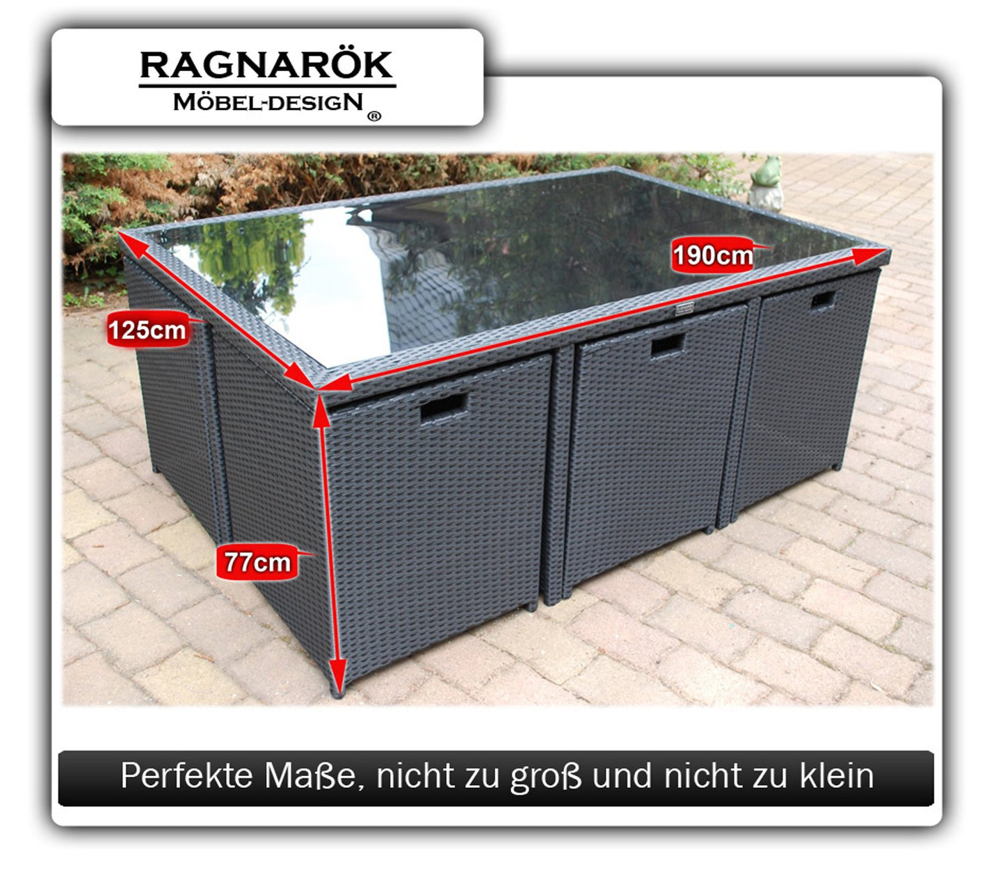 Ragnarök-Möbeldesign PolyRattan Essgruppe - DEUTSCHE Marke - EIGNENE Produktion - 8 Jahre GARANTIE - 6 Stuhl 4 Hocker Garten Möbel Glas Polster schwarz Gartenmöbel Dinning Aluminium Rostfrei