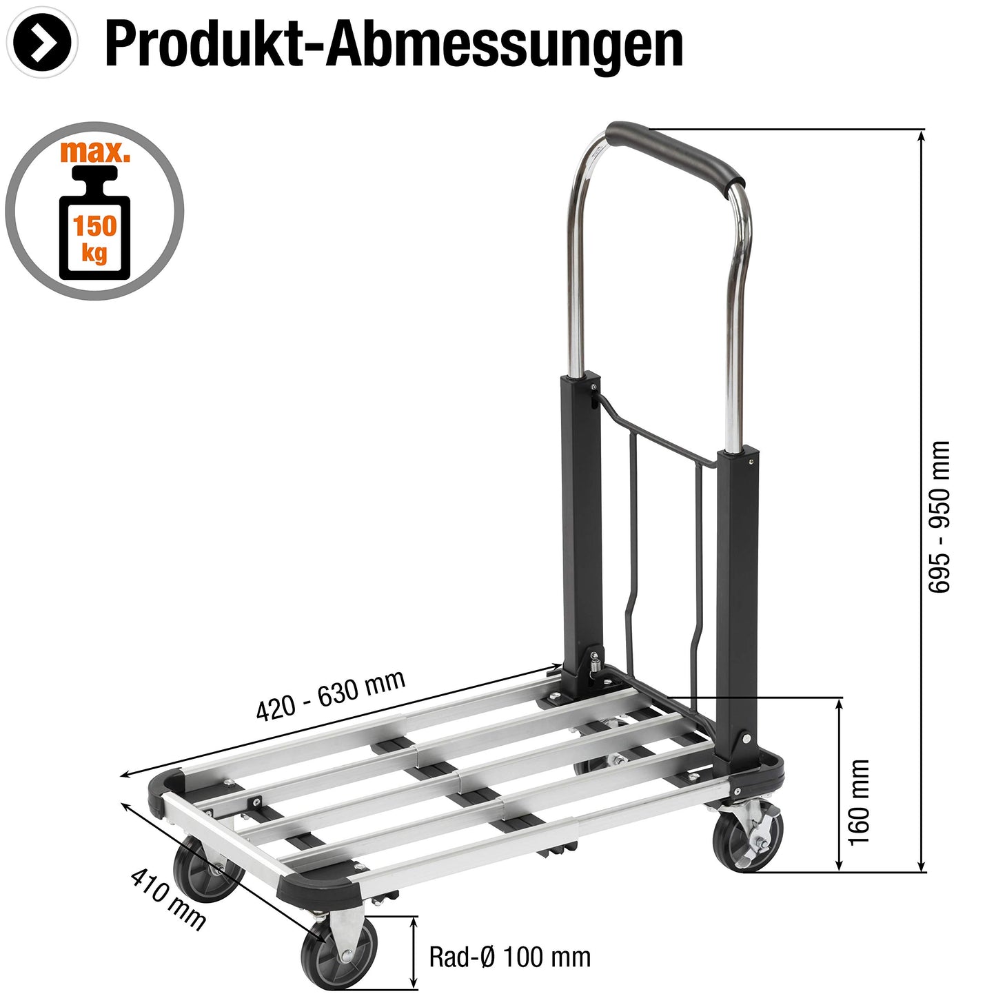 Meister Transportwagen - Klappbar - Bis 150 kg Tragkraft - Feststellbremse - Höhenverstellbarer Griff / Transporthilfe mit Lenkrollen / Paketwagen / Klappwagen aus Aluminium / 8985590