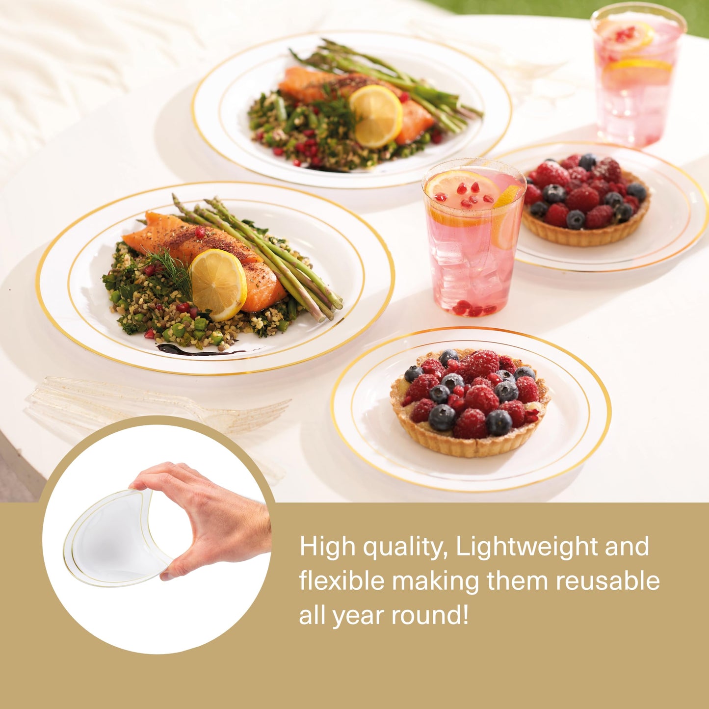 MATANA 150 Stück Mehrweg Partygeschirr Set in Weiß & Gold für 25 Gäste - 25 Plastikteller 25 Dessertteller 25 Löffel 25 Gabeln 25 Messer & 25 Partybecher - Hochzeiten, Geburtstage & Partys