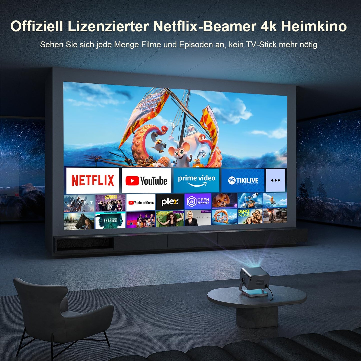 Smart Beamer【Netflix Official & Dolby Audio】 VOPLLS Autofokus/Trapezkorrektur 25000 Lumen Beamer 4K Unterstützt, WiFi6 Bluetooth Full HD 1080P Video Beamer Heimkino/Outdoor Projektor für Handy/Laptop