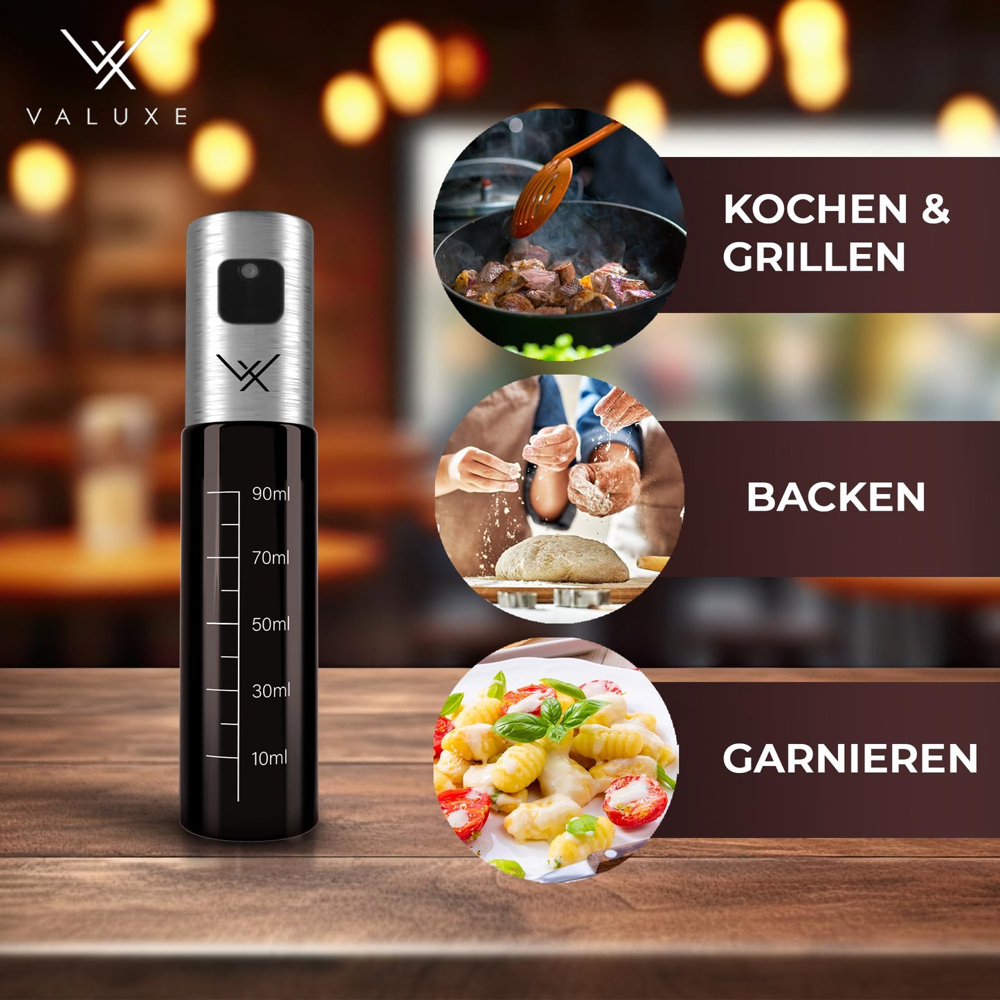 VALUXE® Ölsprüher für Speiseöl und Essig mit UV-Schutz Glas & Sprühfilter - 2er Set Edelstahl Öl-Sprühflasche inkl. Halterung - Präziser Olivenöl Sprüher, Öl-Zerstäuber, Oil-Sprayer