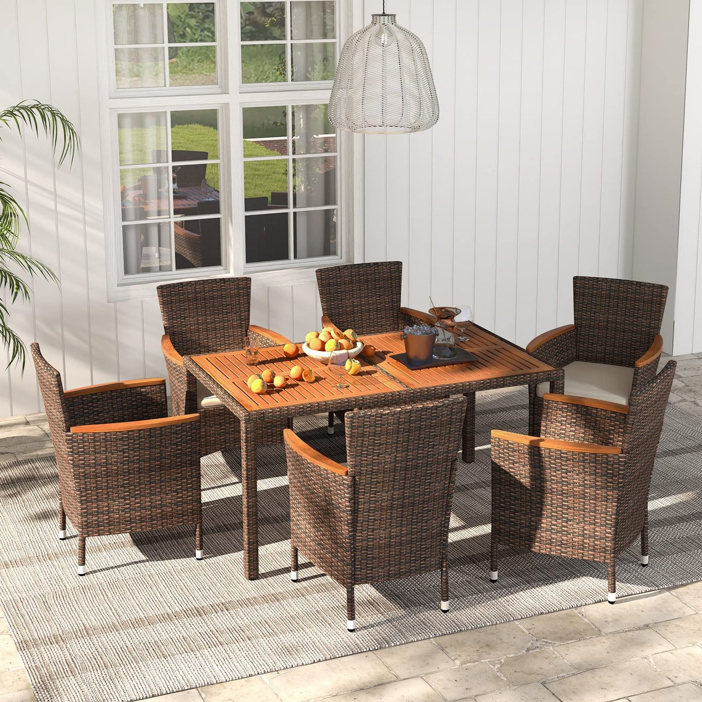 COSTWAY 7 TLG. Rattan Gartenmöbel Set, Sitzgruppe für 6 Personen, Gartentisch mit Tischplatte aus Akazienholz, 6 stapelbare Stühle & Kissen, Terrassenmöbel Set, Gartengarnitur, Sitzgarnitur, Essgruppe